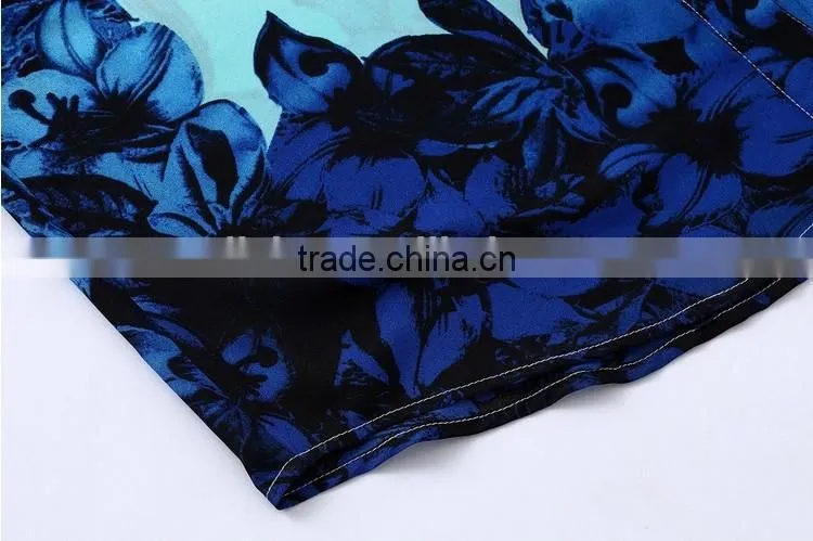 New women fashion Blue Floral Pattern Turn down Collar Chiffon summer Blouses Ladies fashion blouse shirts