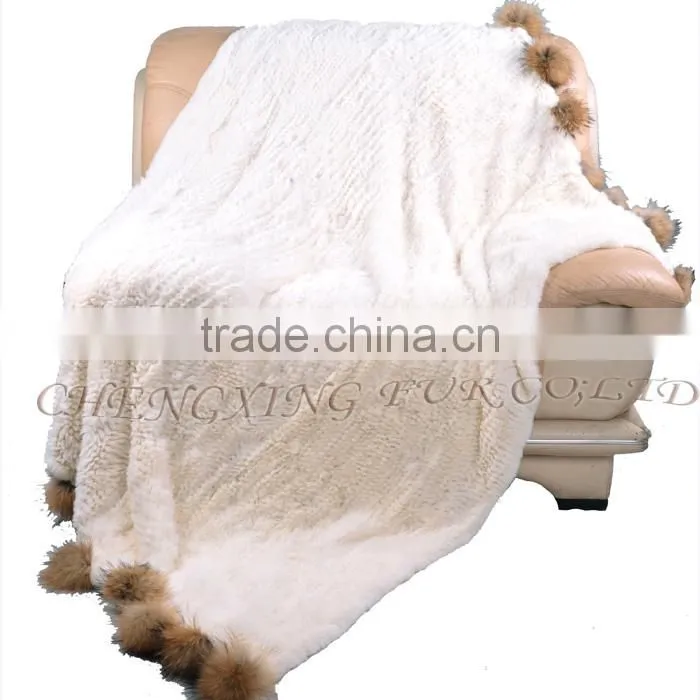 CX-D-108 Hand Knitted Super Cream Real Rex Rabbit Fur Throw Blanket