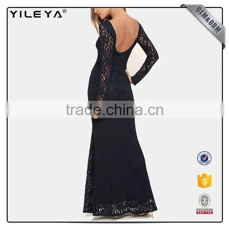 Guangzhou factory offer long sleeve sexy black elegant women's crochet lace dress 2017 designs ,women lace long evening dress