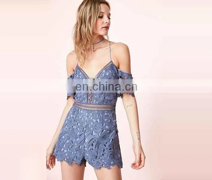 OEM service floral lace off-the-shoulder romper women short jumpsuit wholesale