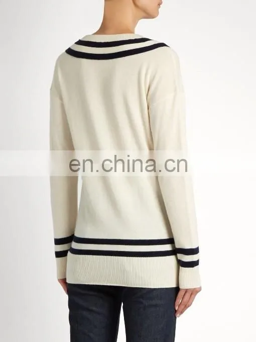 High Quality Varsity V-neck wool and cashmere-blend sweater Fashion Design Women Long Sleeve Sweater