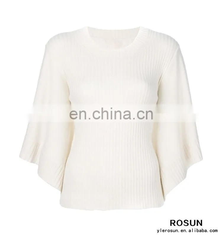 Women crew neck cashmere bat sleeves knitted ribbed top