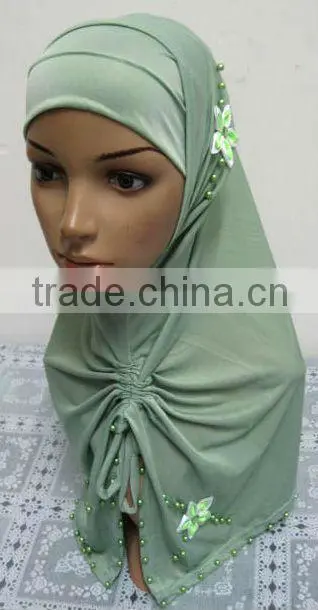 A569 Stylish islamic headscarf HEJAB pearl beaded flower two pieces LONG MUSLIM HIJAB