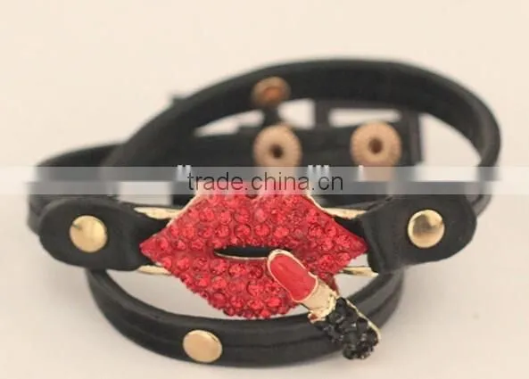 Exaggerated Fashion Red Mouth Lip Leather Gift Personality Charm Bracelet fo Lady