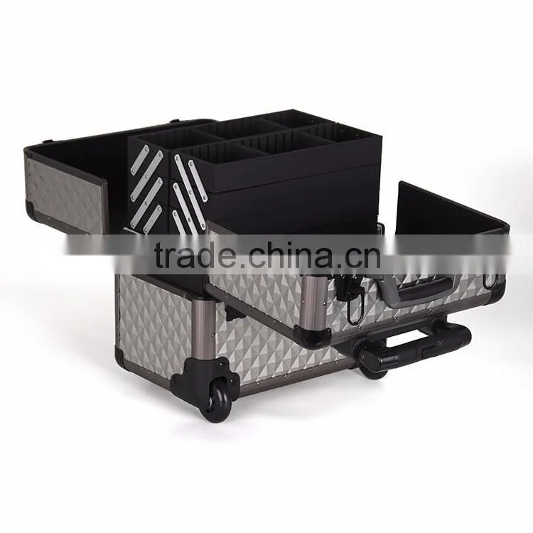 2016 high quality aluminum trolley make up case beauty display case with rolling wheels