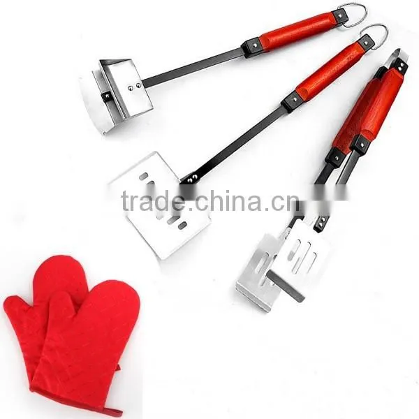 Wholesale 3pc Wooden Handled carbon steel Barbecue Tool Set for Outdoor BBQ