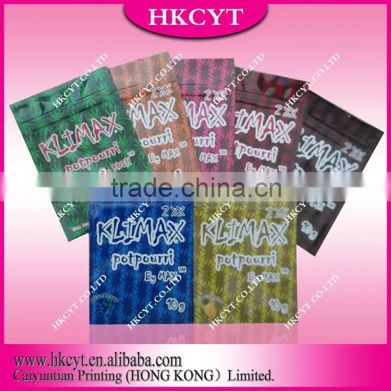 Custom mylar herbal incense potpourri bag with zipper/plastic foil zipper bag