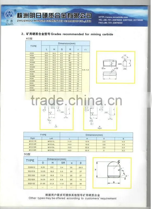 cemented carbide YG15 k040 / k042 drill tips for rock drilling
