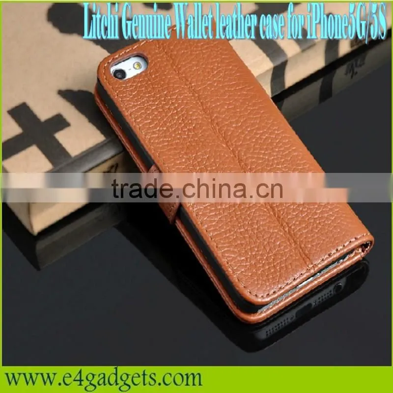 Luxury business style Litchi Vein cowhide leather case hot selling wallet case for iphone 5