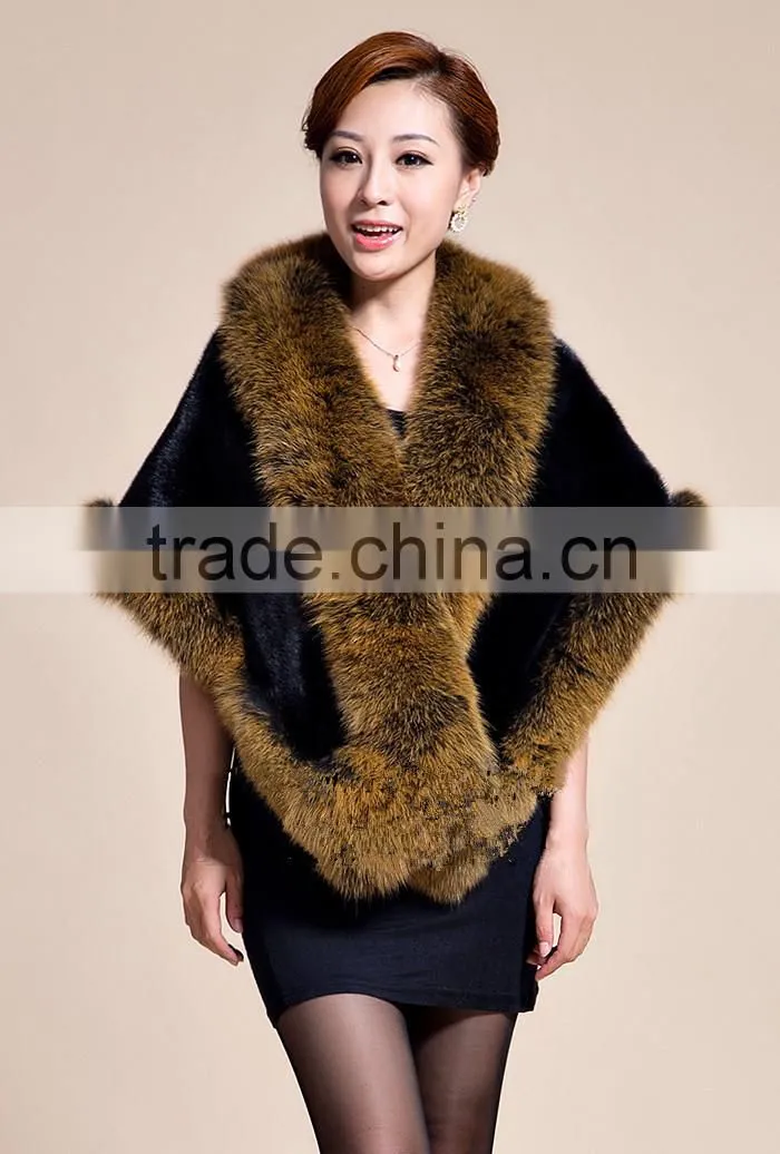 Lady's Real Mink Fur With Fox Fur Coat Mink Fur Coat Poncho / Shawl / Coats