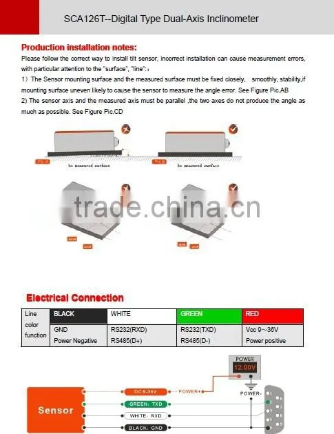 SCA126T Standard Inclinometer with RS232/RS485 or TTL output interface port optional