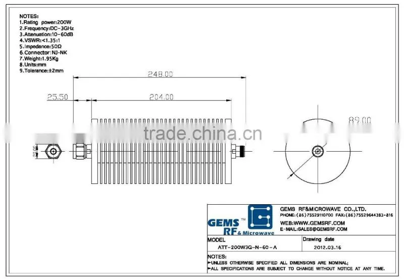 200W attenuator 3G coaxial attenuator RF coaxial