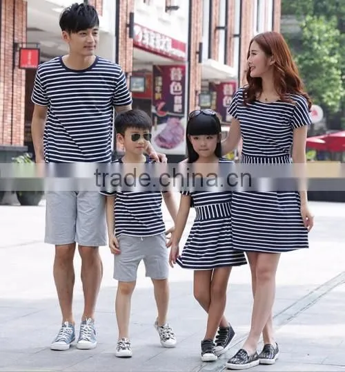 2015 Wholesale Strip Cotton Parents Children Clothes Factory Price Hot Summer Family Clothing Set