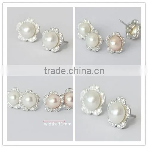 2015 wholesale Fashion 925 sterling silver round natural freshwater pearl with flower stud earring