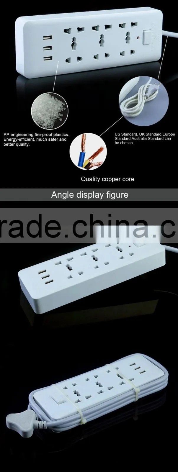 wearproof heat resistant universal schuko outlet multiple socket with 3 usb