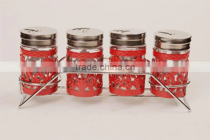 S/4 red coat glass spice jar set in stand