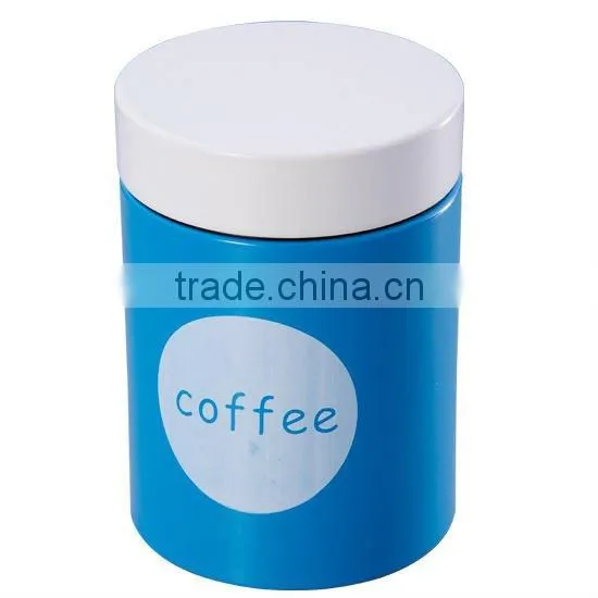 SET OF 3 BLUE METAL CANNISTERS - TEA, COFFEE & SUGAR