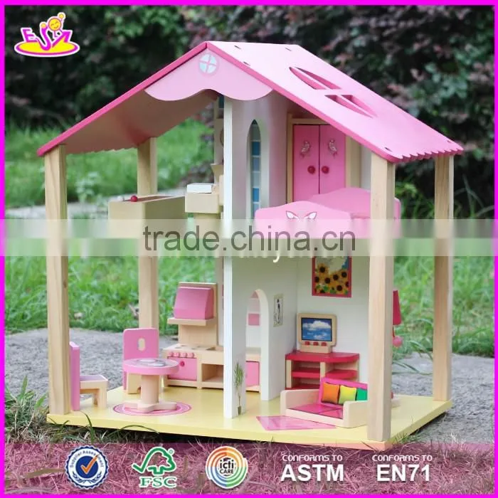 2017 New products lovely girls pink wooden dolls house for sale W06A165