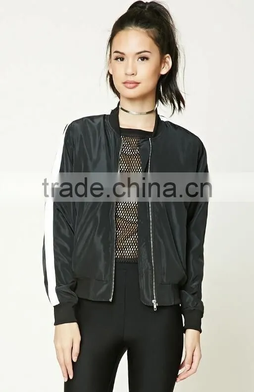 Wholesale Price Boutique Girl Clothing Woven Contrast Sleeve Zipper Front Basic Collar Stripe Lady Fashion Soccer Bomber Jacket
