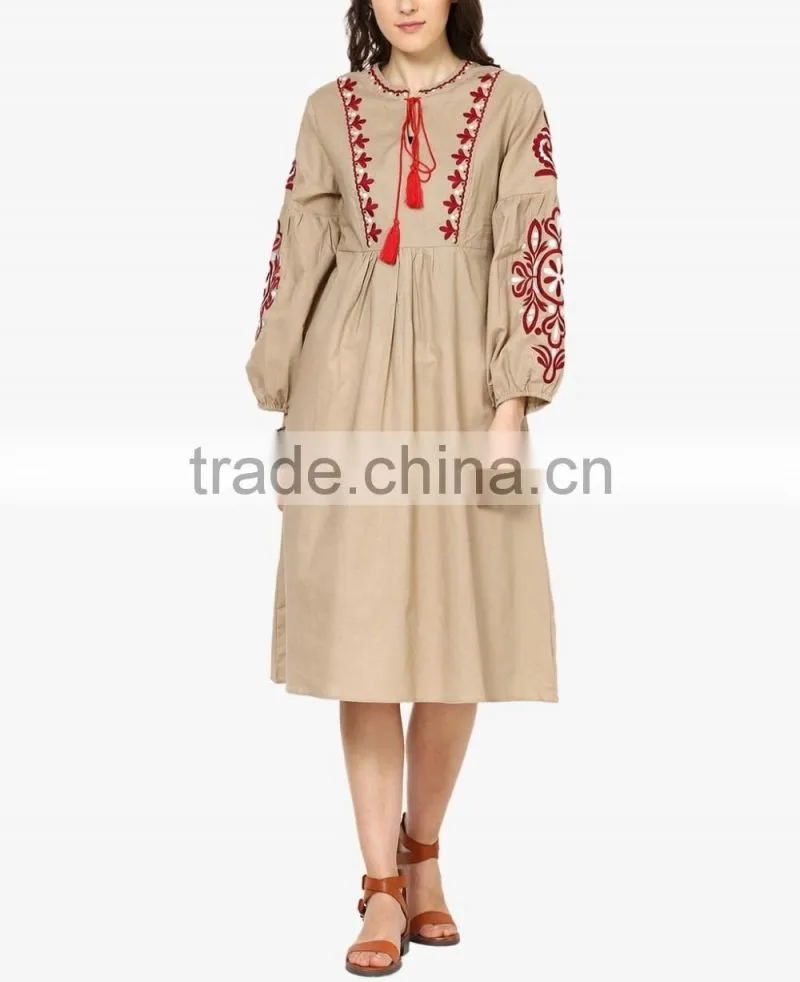 Boho Ukrainian Designs Beige Embroidered Shift Dress Bohemian Clothing Style Long Sleeve Maxi Dress HSd5083
