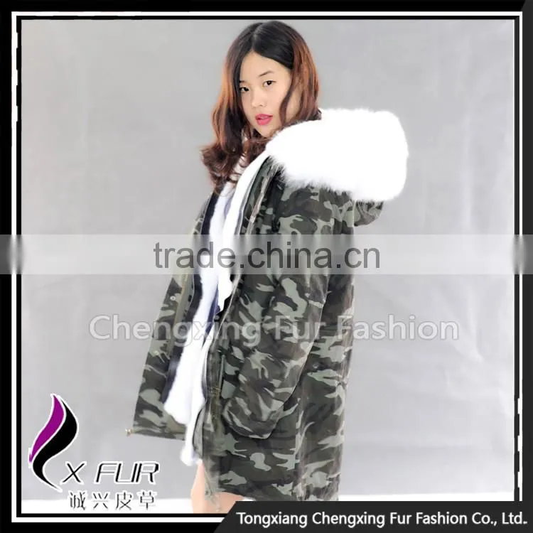 CX-G-P-08B Fox Trim Hood Women Real Rex Rabbit Fur Lining Fur Parka Jacket