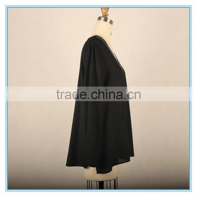 Black Simple Beaded Design Ladies New Fashion V Neck Chiffon Blouse 2016