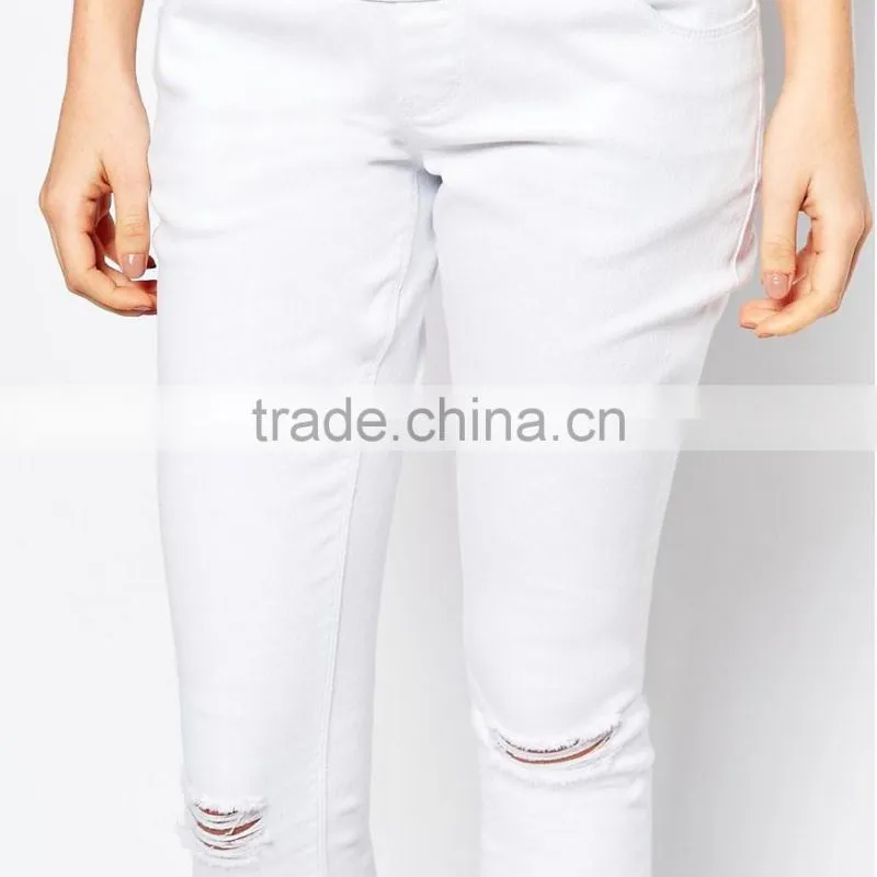 plain white knee ripped maternity denim jeans wholesale for women