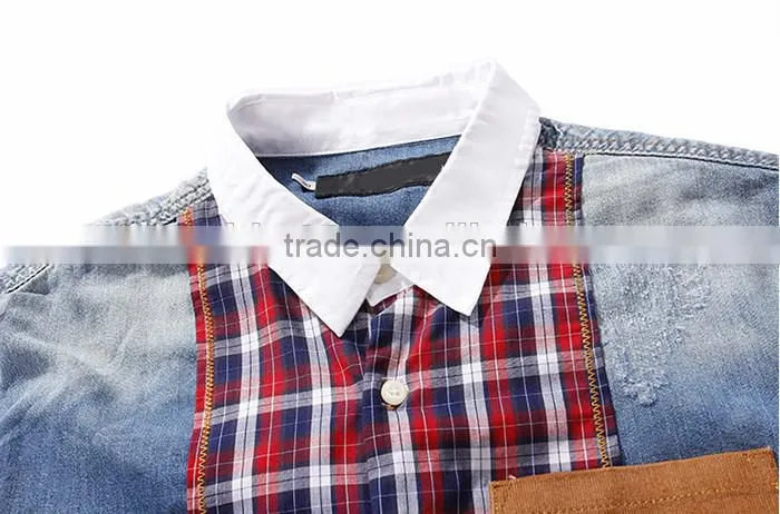 2016 New arrival England style Splicing men denim casual shirt