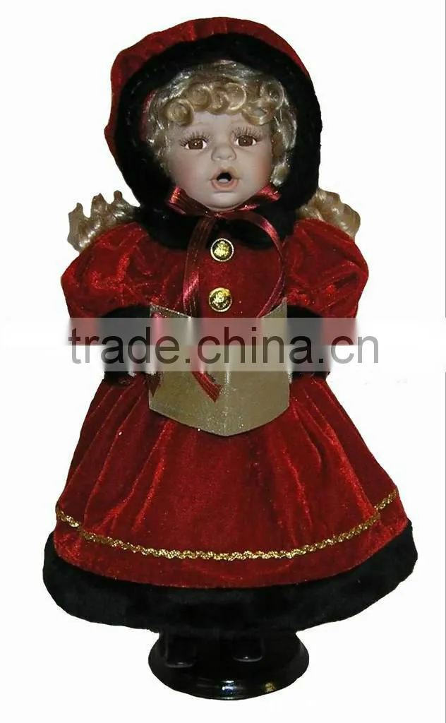 Christmas Animated Ceramic Porcelain Doll Blonde Hair Red Velvet Dress 12"