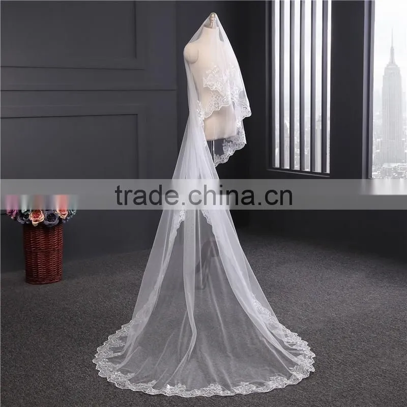 2017 wholesale new grance long lace bridal wedding veil Fashionable long Tulle HL23