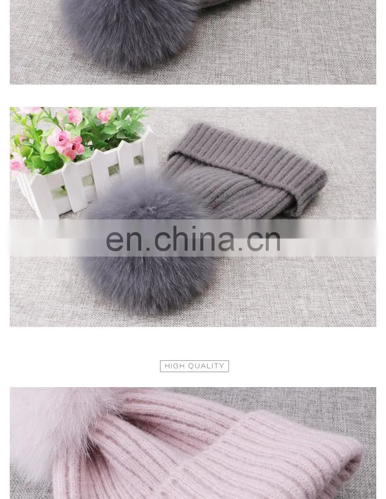 Winter Wool Knitted Beanies Scarf Fox Fur Pompom Knitted Hat Wool