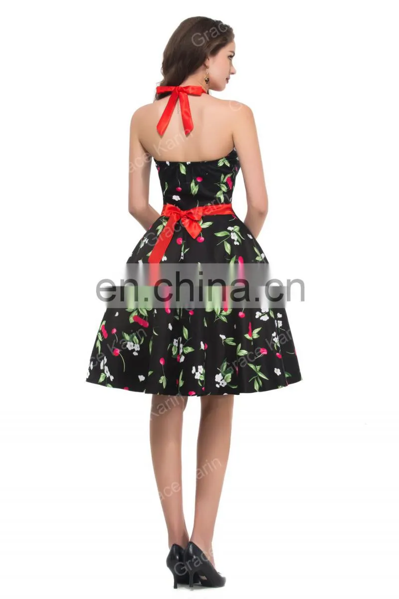 Grace Karin Ladies Halter Plus Size Sleeveless Cherry Printed Vintage Pin Up Vintage Retro Dress CL4595-1#