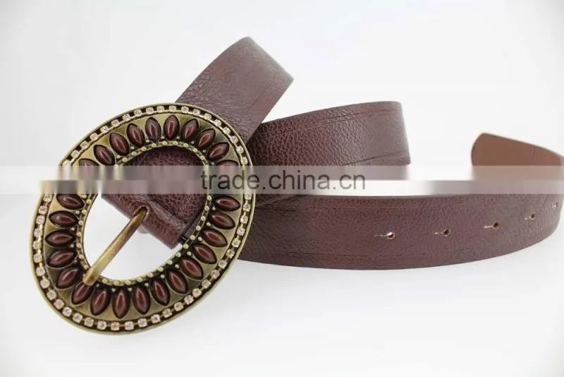 2015 Vintage Style women's fashion PU brand belt with rhinestone circle shape buckle
