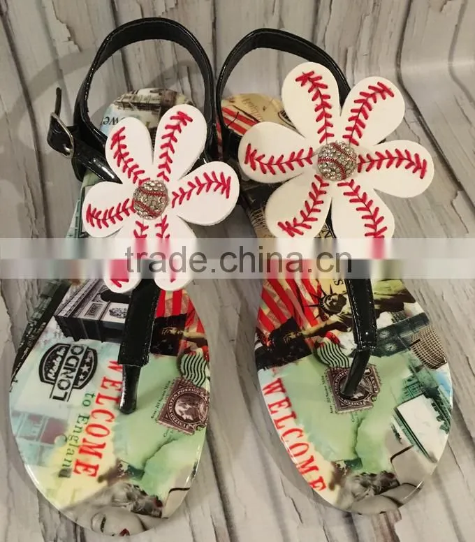 Baseball Softball Flower Sandals T Strap Shoes
