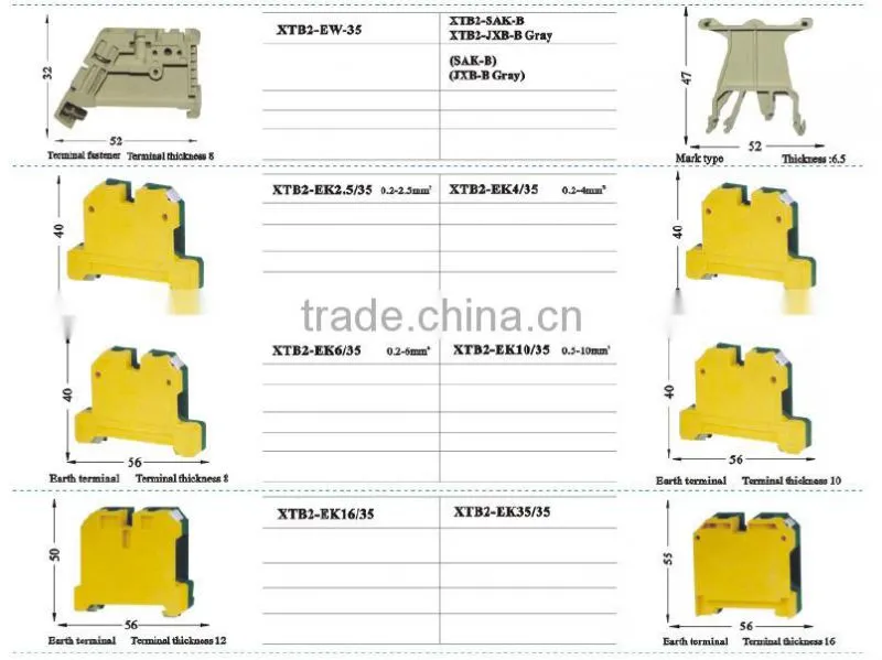 high quality earth combined copper terminal block/screw connector 6 XTB2-EK2.5/35