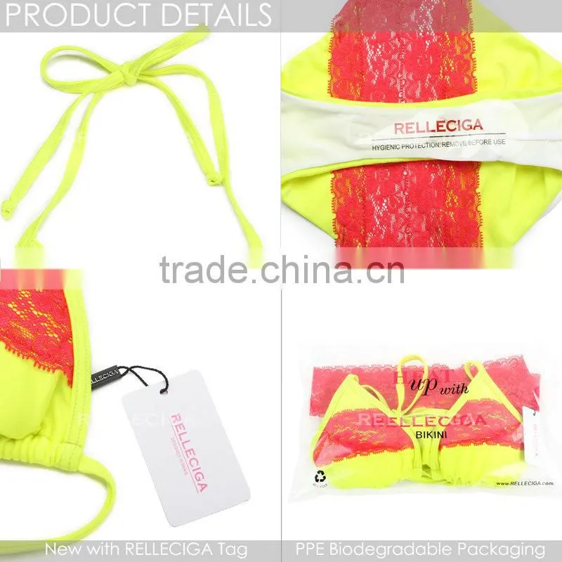RELLECIGA 2016 Lace Collection -New Neon Yellow + Cross Red Lace Bikini Swimsuit with Triangle Top and Brazilian Cut Scrunch But
