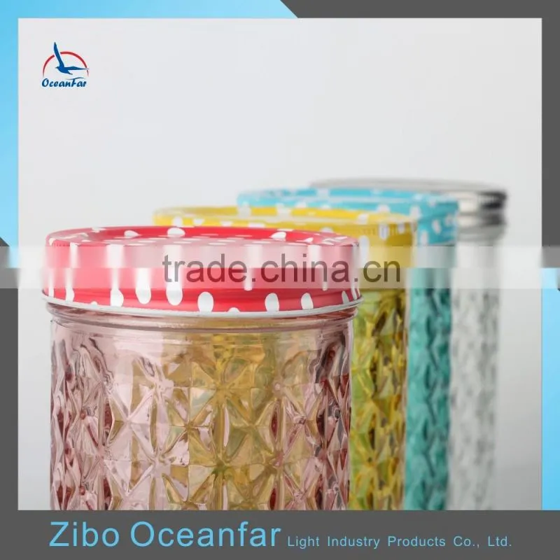 Good Quality Jars Glass Mason Storage Jar Colourful Embossed Diamond Mason Jar