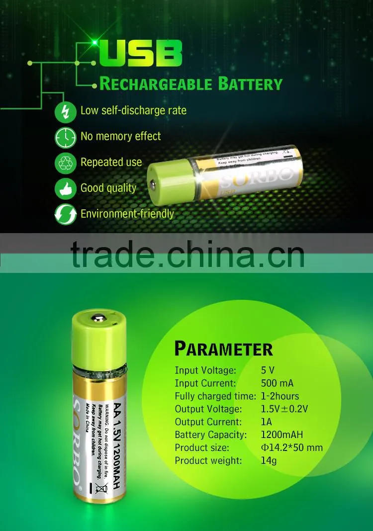 SORBO OEM Factory Price USB Rechargeable 1.5V AA Battery,High Capacity Power Bank Portable External Battery