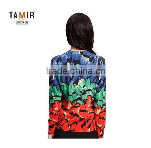 Muti Color Print V Neck Cashmere Sweater, Ladies Fashion Delicate Print Cashmere Sweater