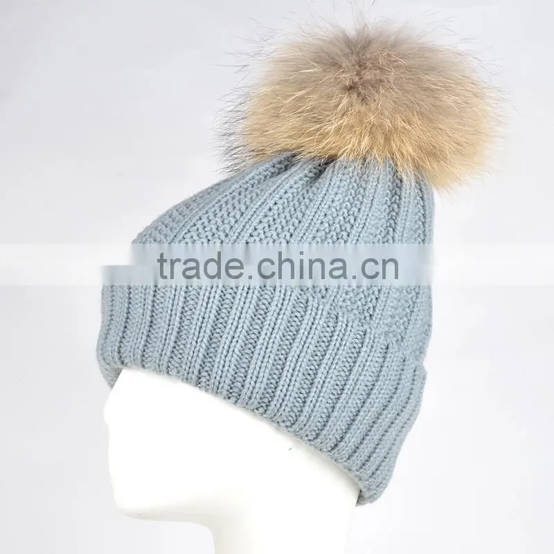 Winter Women Raccoon Fur Pom Pom Bobble Knit Braided Hat