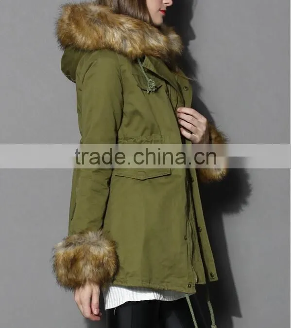 Detachable Faux Fur Jacket with fur collar fur sleeve ,women Army green Jacket coat