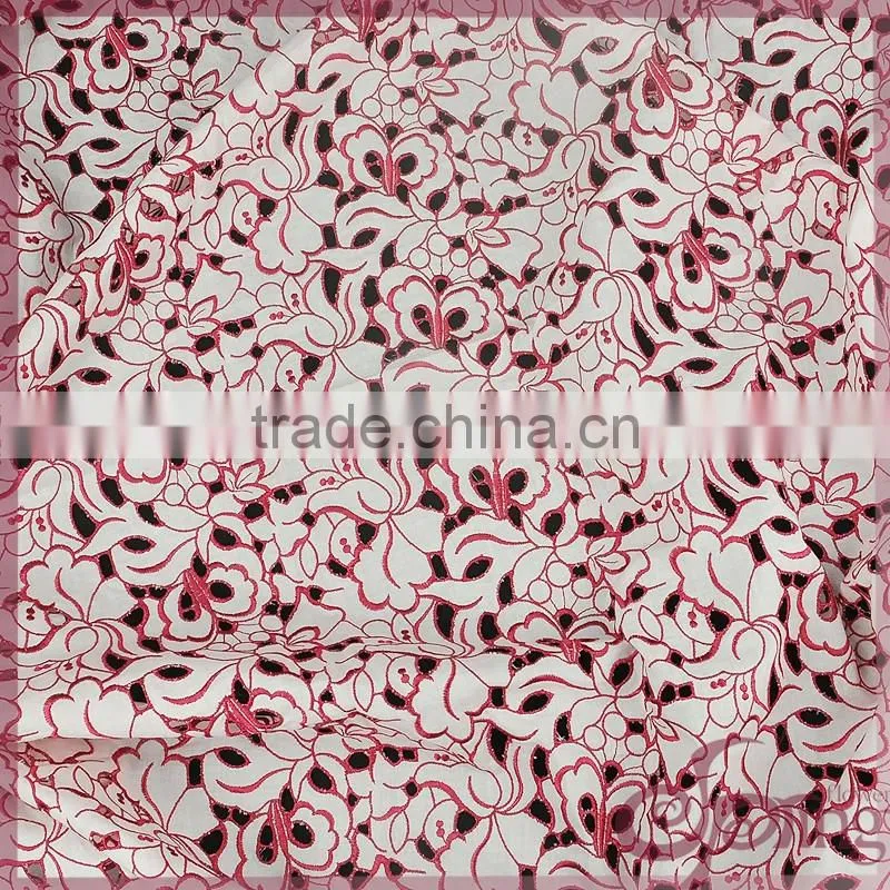 Red floral hollow out embroidery design cotton lace fabric for dress