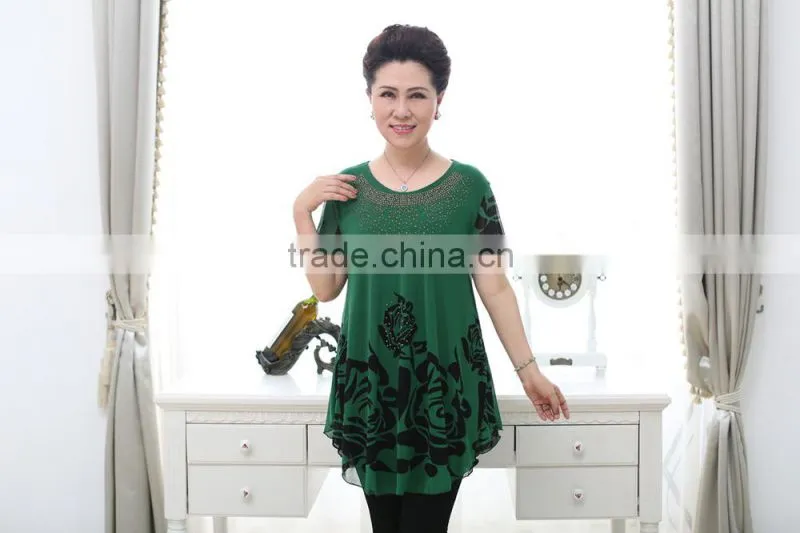Middle aged women fashion beaded lace loose printed blouse