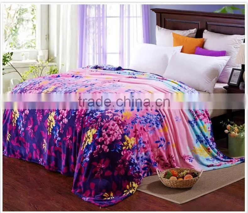 Easy pack plaid design colorful flowers print coral fleece blanket