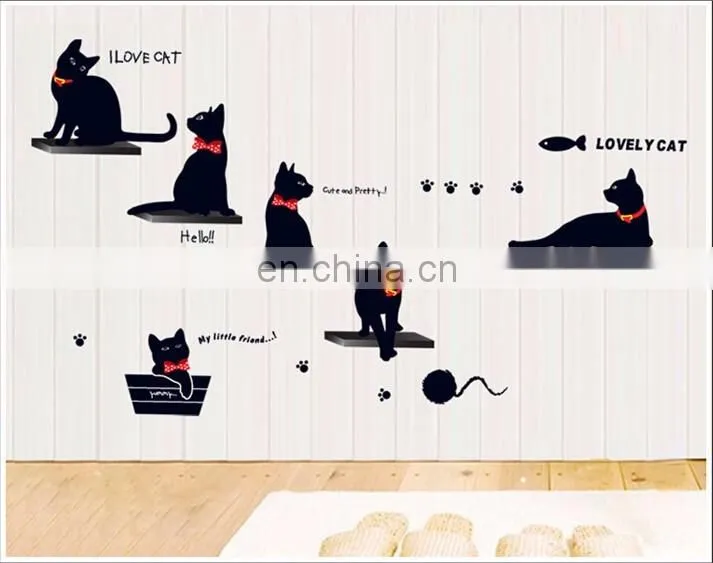 Black Cat on the Stair with Red Tie PVC Wall Sticker Home Decoration
