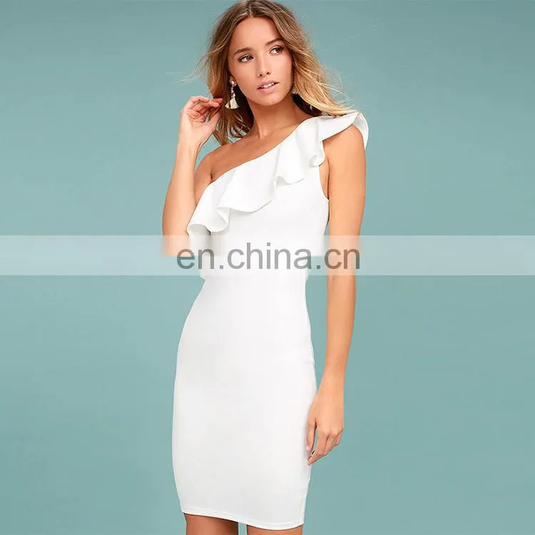 ladies one shoulder ruffle sheath bandage dress fashion bodycon midi dress