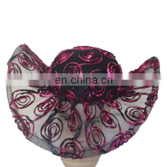 MCH-2251 Fashion cheap wholesale ladies various party wide warping brim floppy gauze hat with pattern