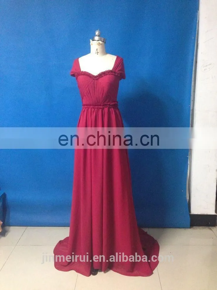 real picture 2016vestidos de fiesta elegant red sweetheart long chiffon evening dress cap sleeve v-back party dress