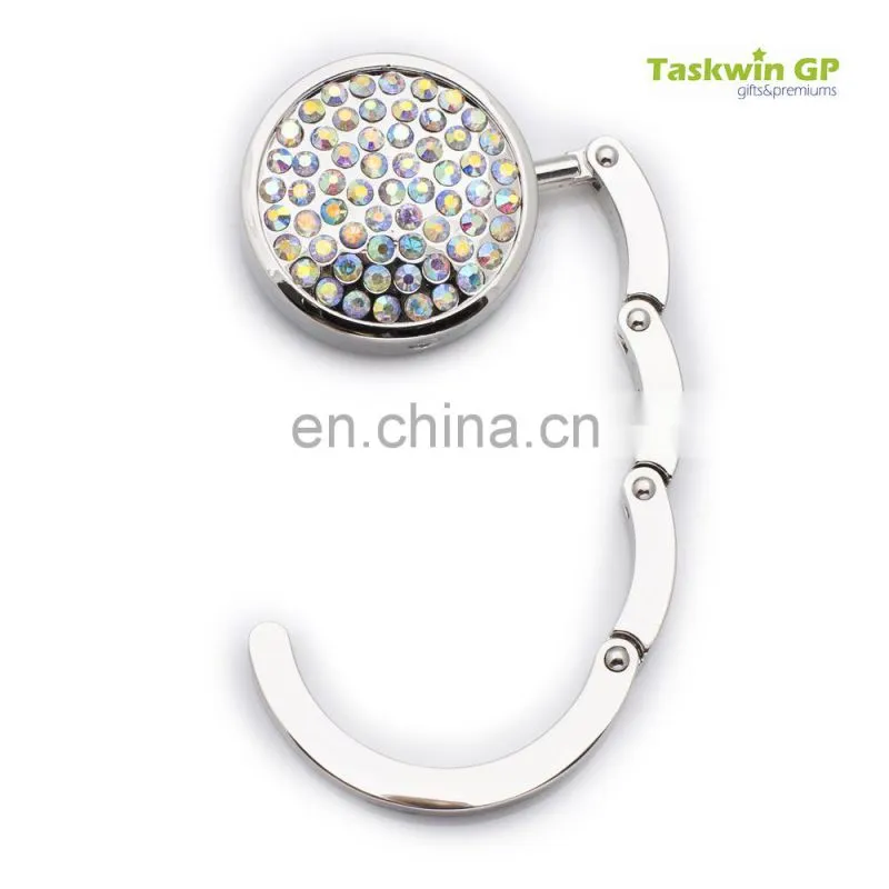 Custom logo roud shape fold handbag hook , Metal bag hanger for table edge