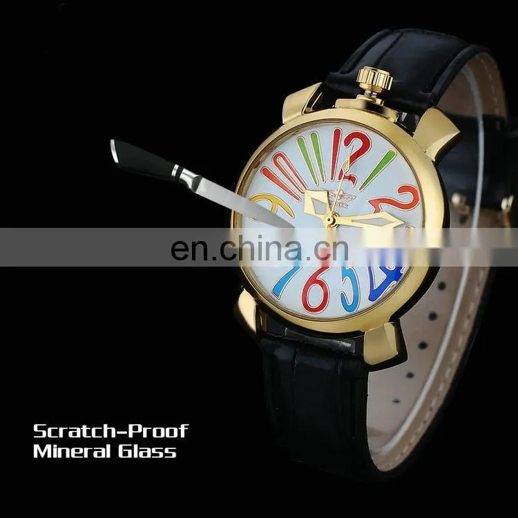 Winner U8060 Watches Women Gold Bezel Rainbow Color Numeral Dial Automatic Mechanical Wrist Watches Leather Strap Ladies Watch